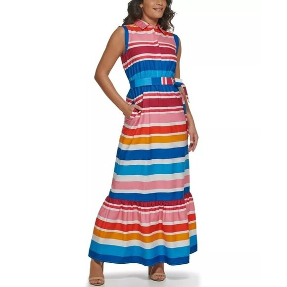 Kensie Striped Maxi Dress Sleeveless Ruffle Hem Colorful Collared Women's 12 NWT - Picture 1 of 8